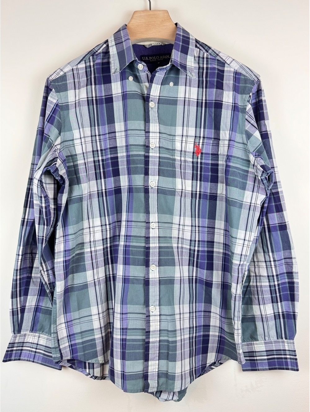U.S. Polo Assn. Men’s Plaid Button Down Shirt Blue Purple Cotton Blend M